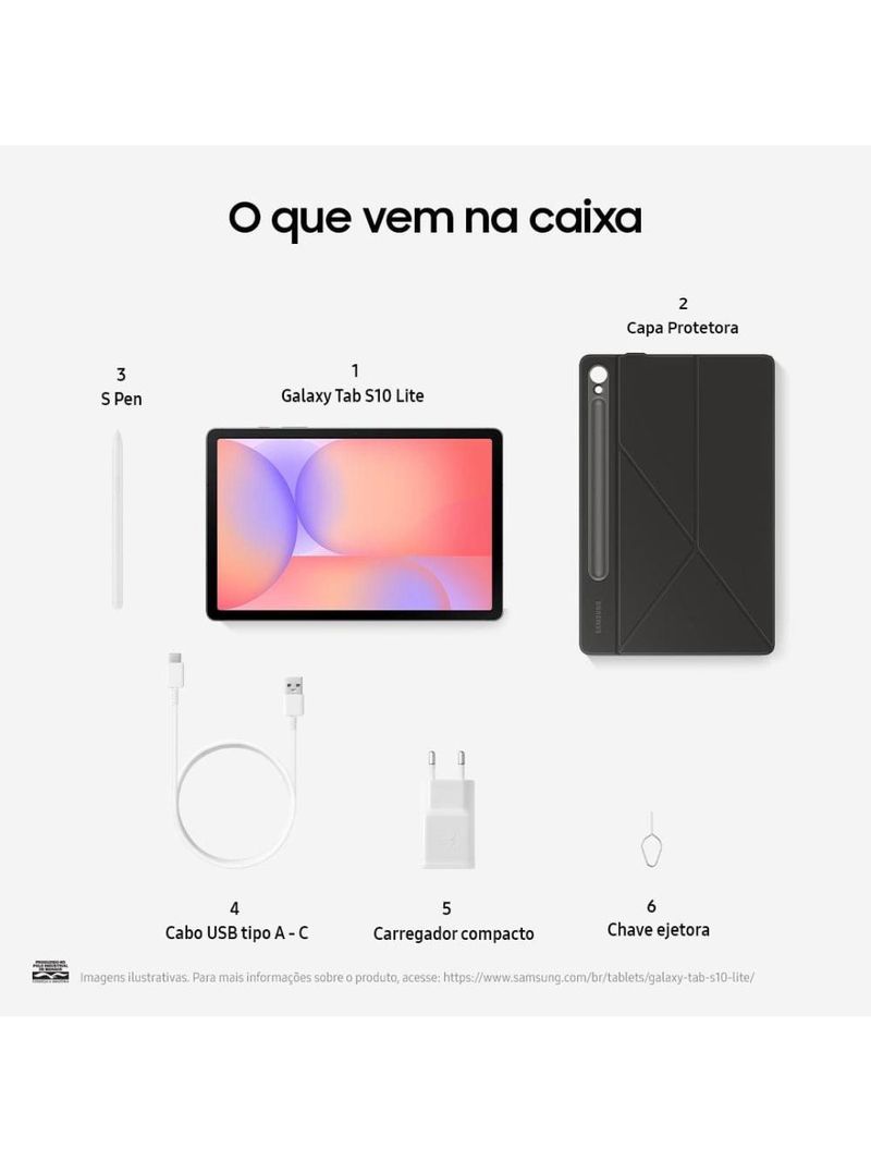 Tablet samsung galaxy s10 lite 109" android 15 128gb exynos 1380 wi-fi 8mp caneta s pen capa protetora cinza