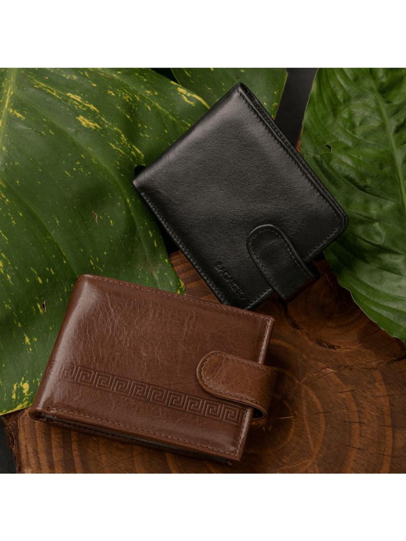 Carteira masculina de couro com fecho em botão grécia café