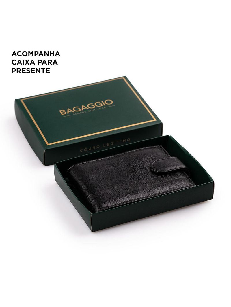 Carteira masculina de couro com fecho em botão grécia preta