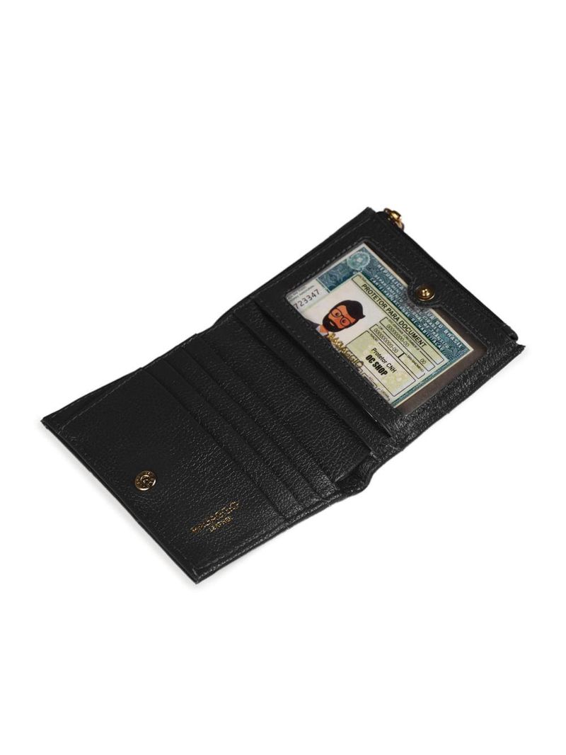 Carteira de couro feminina com zíper pequena zig zag preta