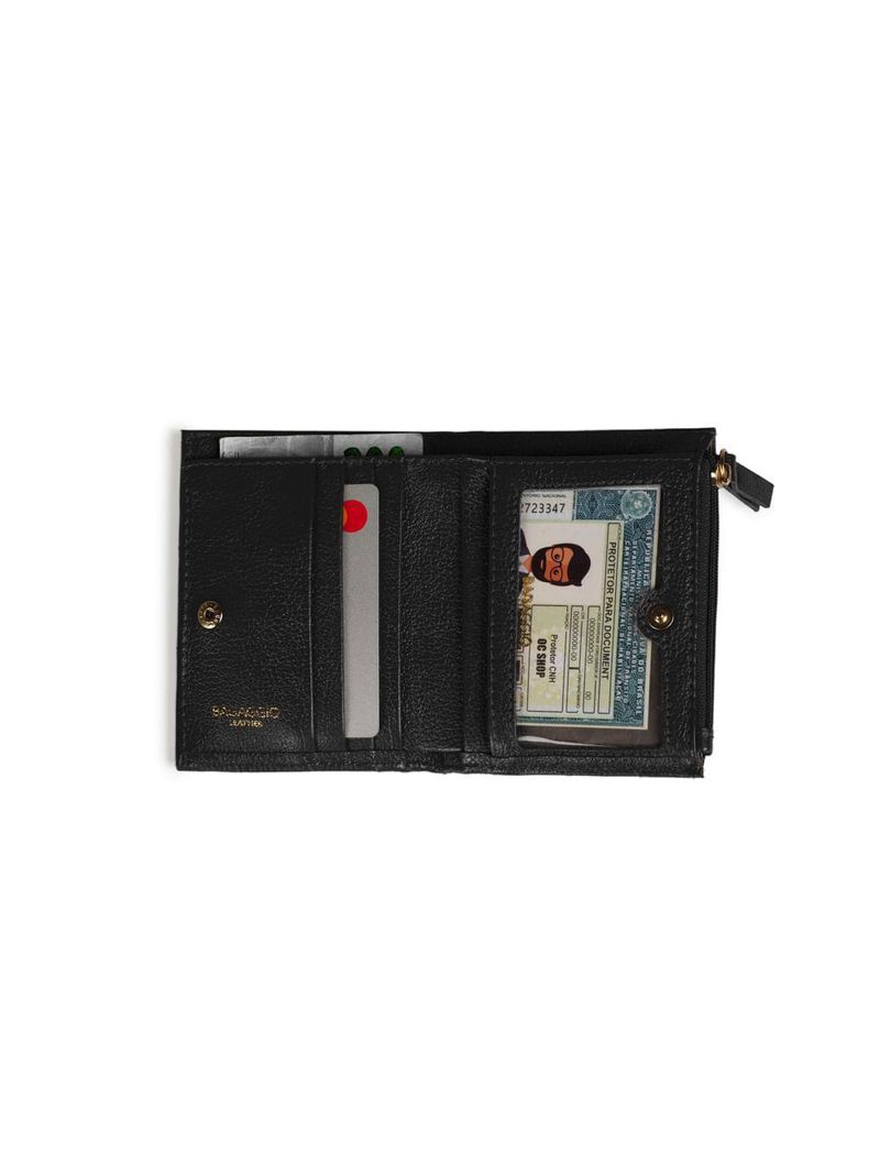 Carteira de couro feminina com zíper pequena zig zag preta