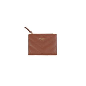 Carteira feminina de couro pequena com fecho de botão zig zag matelassê caramelo