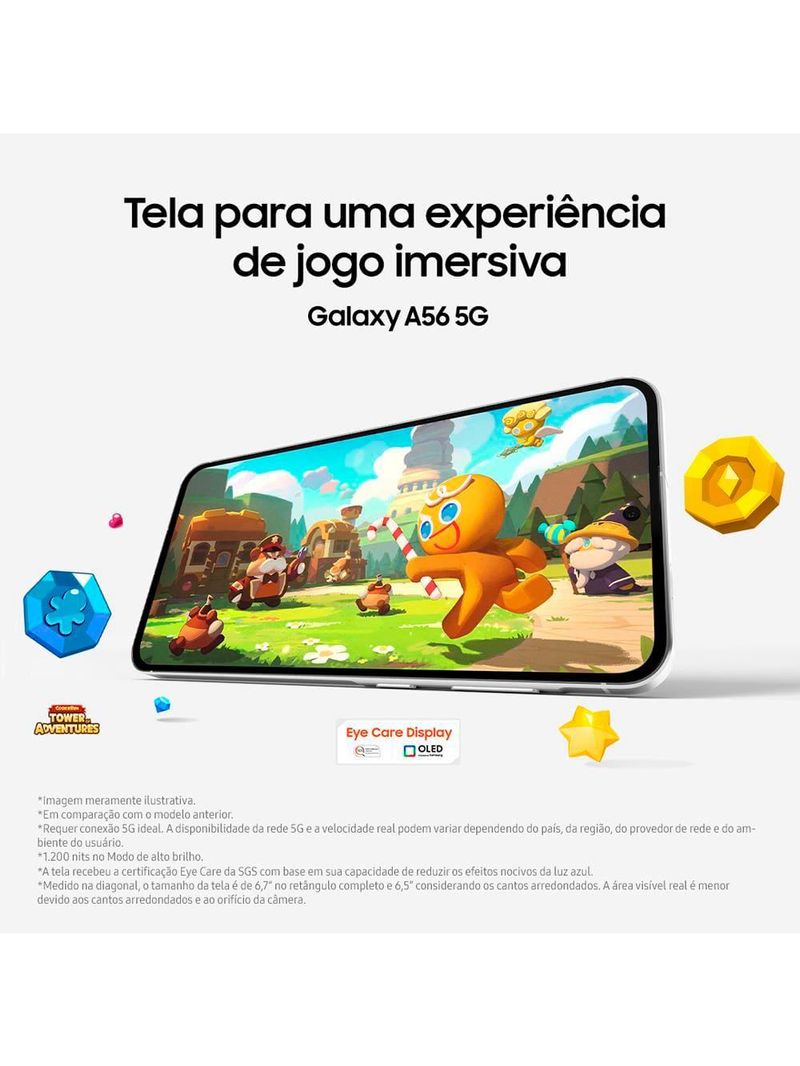 Smartphone samsung galaxy a56 5g preto 256gb 8gb ram, câmera tripla até 50mp, tela super amoled 67", ip67, nfc, vídeo hdr e recursos ai