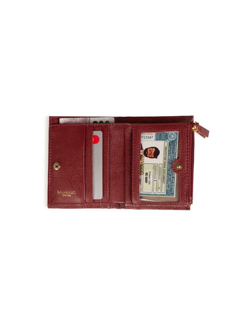 Carteira feminina de couro botão zig zag metalasse vinho