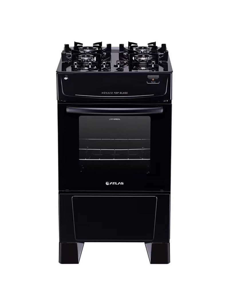 Fogão atlas 4 bocas mônaco top glass com mesa de vidro e acendimento automático bivolt – preto