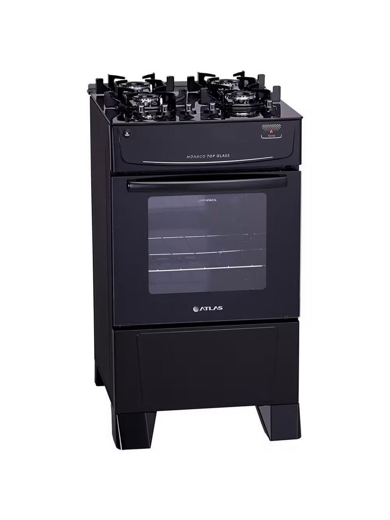 Fogão atlas 4 bocas mônaco top glass com mesa de vidro e acendimento automático bivolt – preto