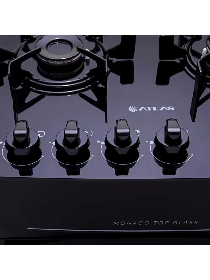 Fogão atlas 4 bocas mônaco top glass com mesa de vidro e acendimento automático bivolt – preto