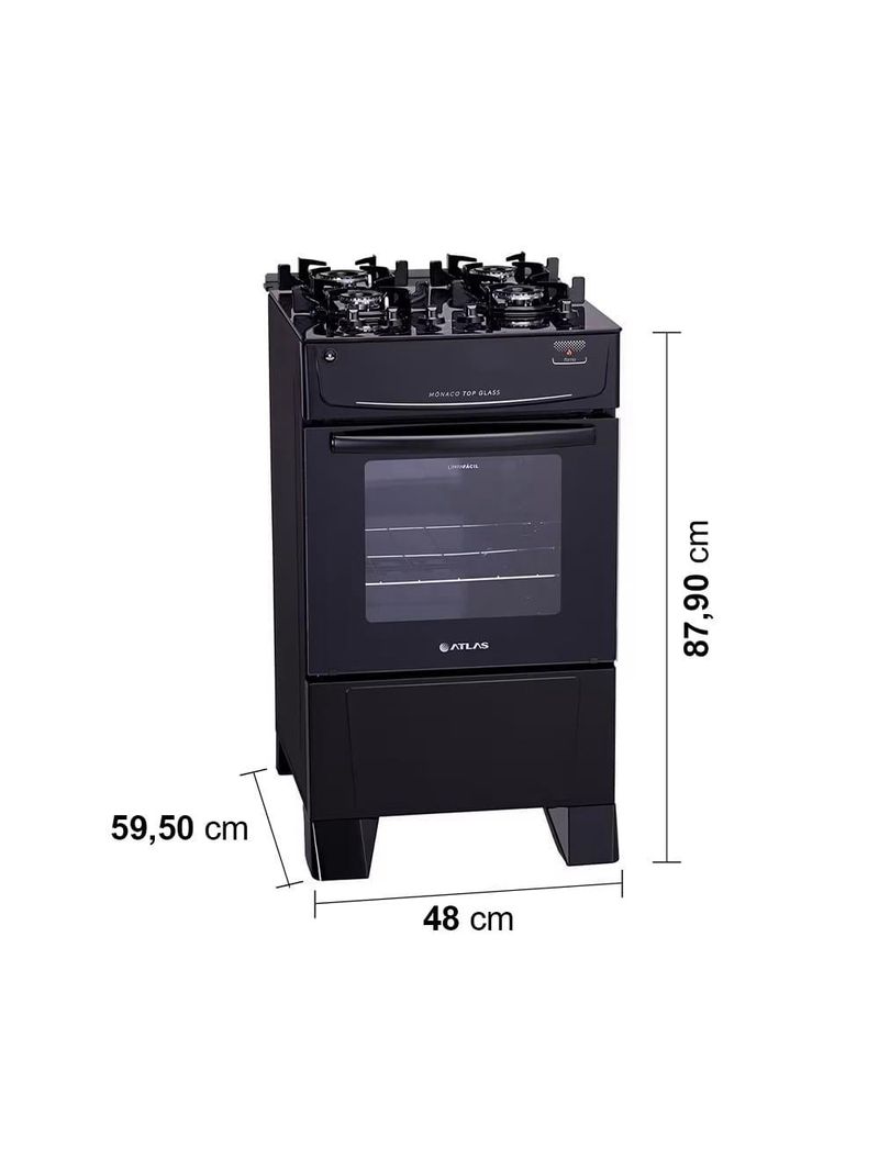 Fogão atlas 4 bocas mônaco top glass com mesa de vidro e acendimento automático bivolt – preto