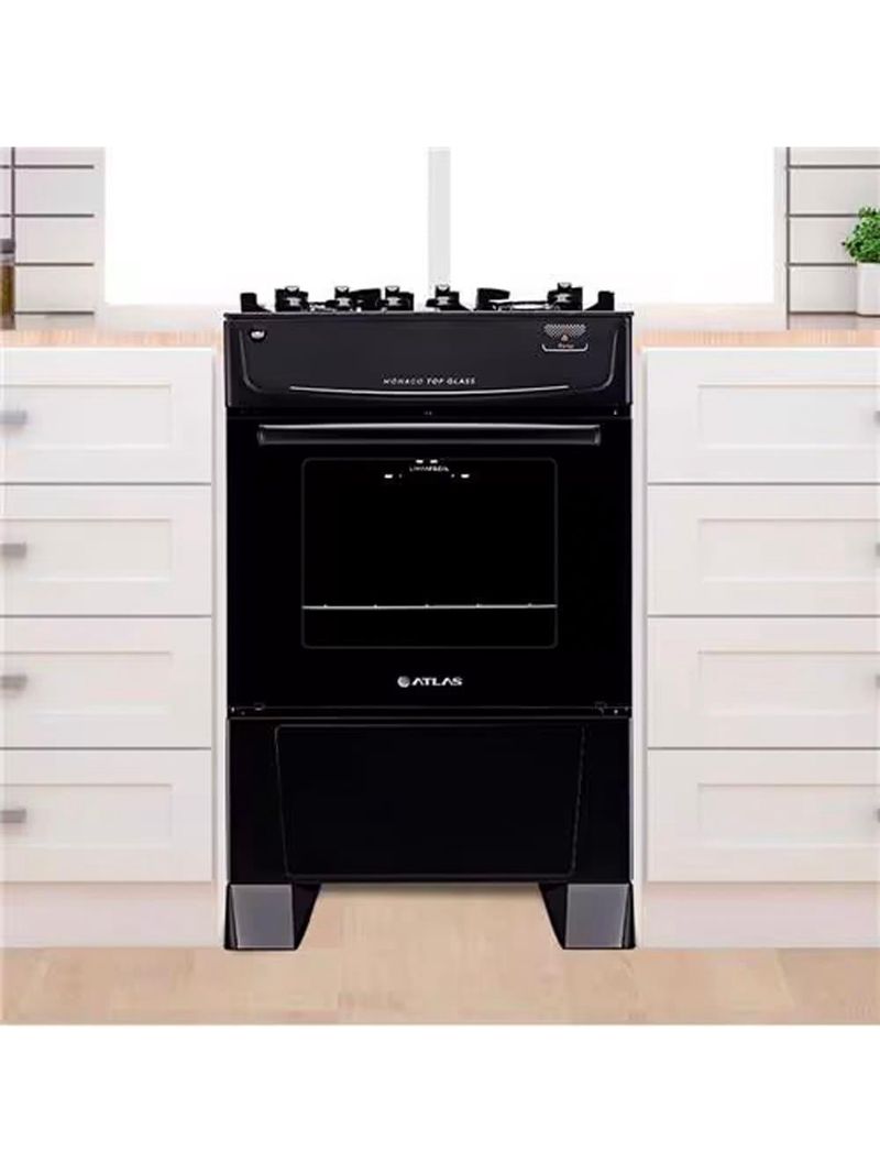 Fogão atlas 4 bocas mônaco top glass com mesa de vidro e acendimento automático bivolt – preto