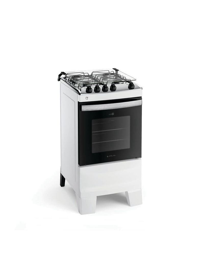 Fogão atlas 4 bocas agile up com mesa de inox, grade dupla no forno e acendimento automático bivolt - branco