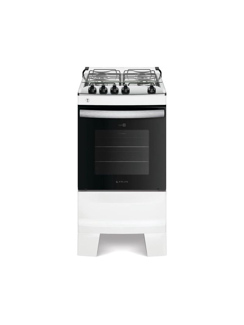 Fogão atlas 4 bocas agile up com mesa de inox, grade dupla no forno e acendimento automático bivolt - branco