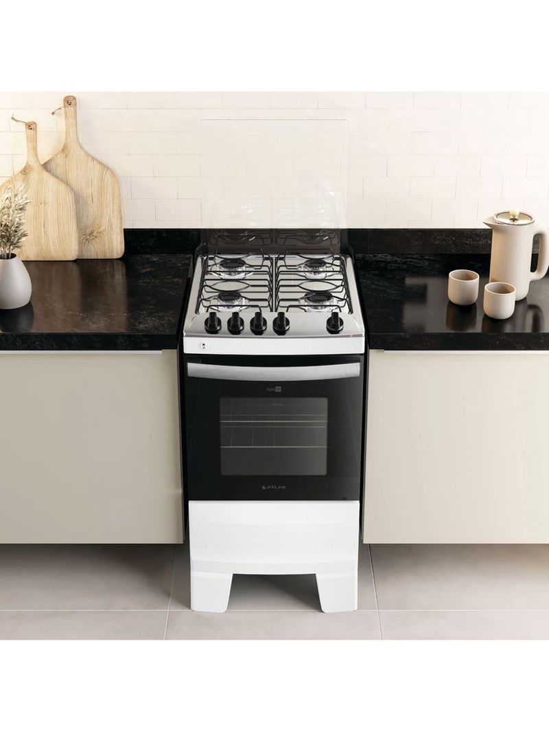 Fogão atlas 4 bocas agile up com mesa de inox, grade dupla no forno e acendimento automático bivolt - branco