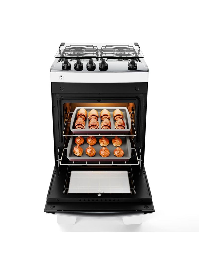 Fogão atlas 4 bocas agile up com mesa de inox, grade dupla no forno e acendimento automático bivolt - branco