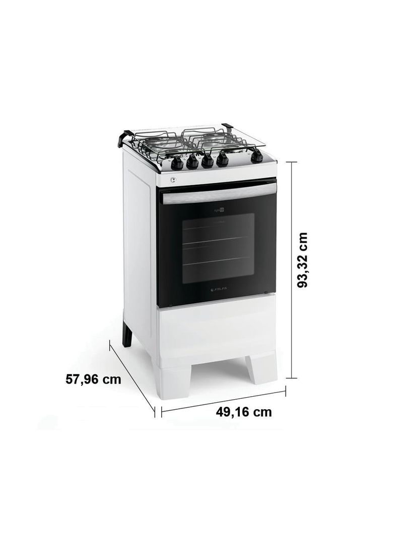 Fogão atlas 4 bocas agile up com mesa de inox, grade dupla no forno e acendimento automático bivolt - branco