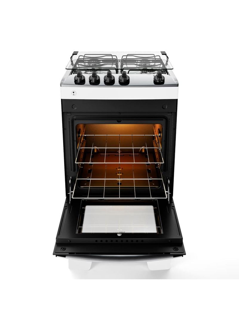 Fogão atlas 4 bocas agile up com mesa de inox, grade dupla no forno e acendimento automático bivolt - branco