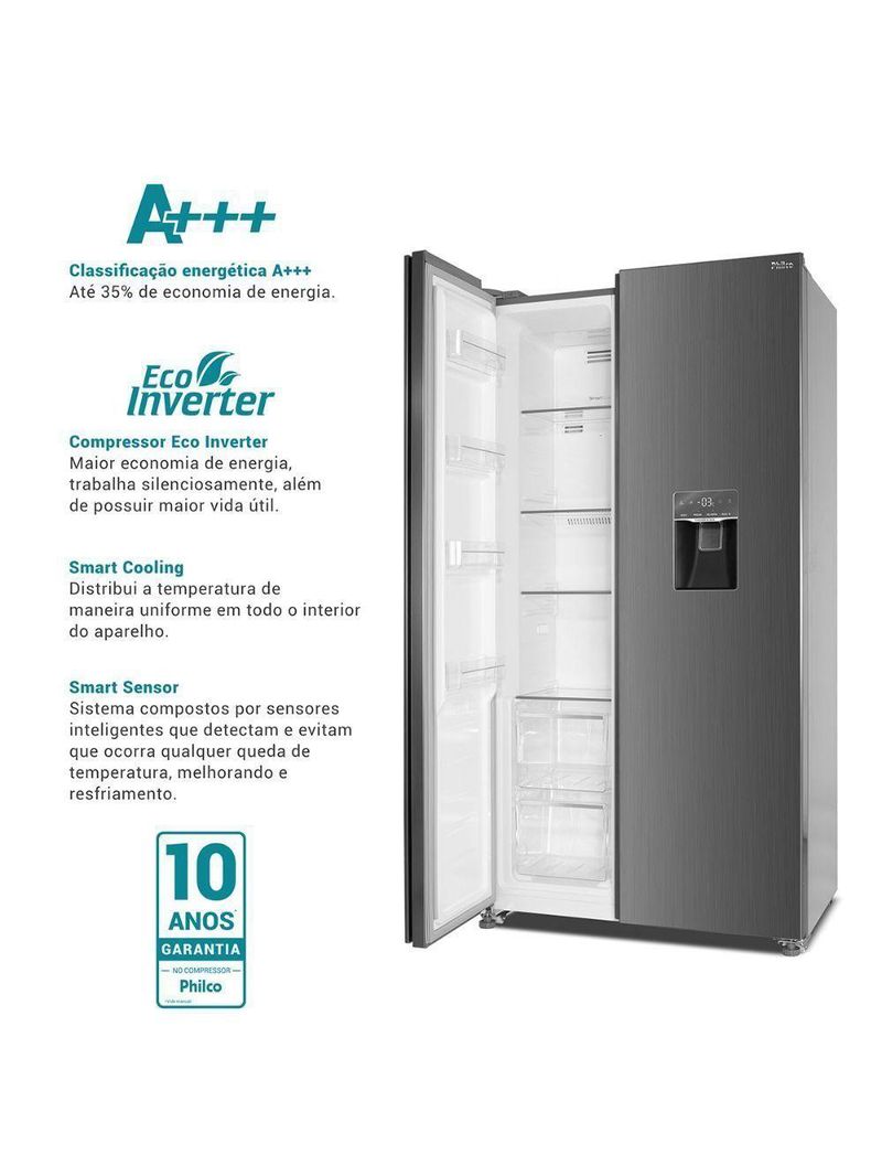 Geladeira Philco Frost Free Inverter Side By Side 434L PRF535ID Inox 110V
