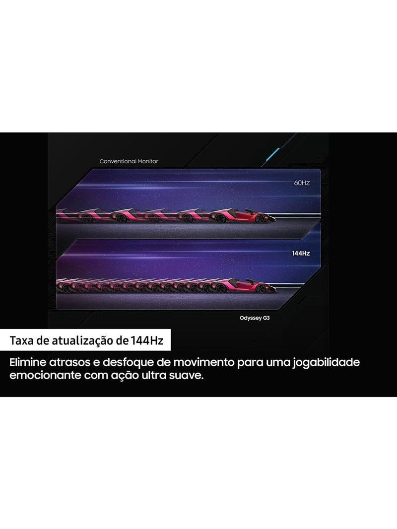 Monitor gamer samsung odyssey 24", fhd, 144 hz, 1ms, com ajuste de altura, hdmi, dp, vga, freesync, preto, série g3