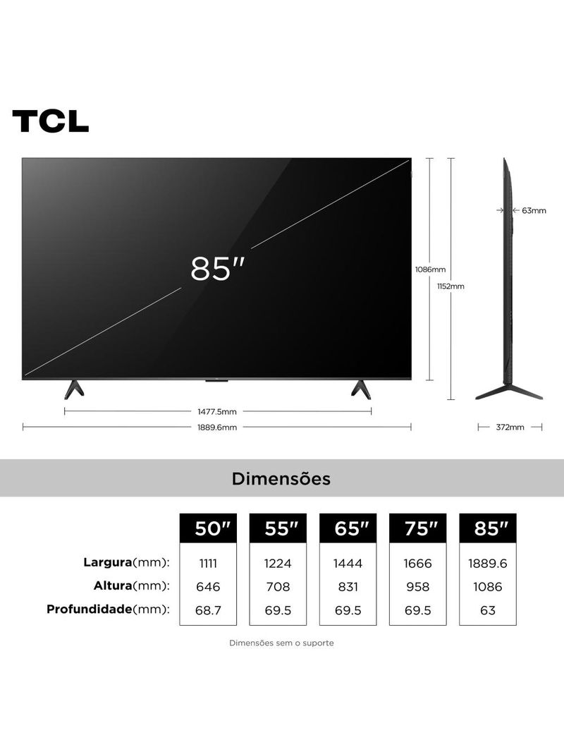 Smart tv 85” tcl 85p7k 4k qled uhd 60hz com sistema operacional google tv