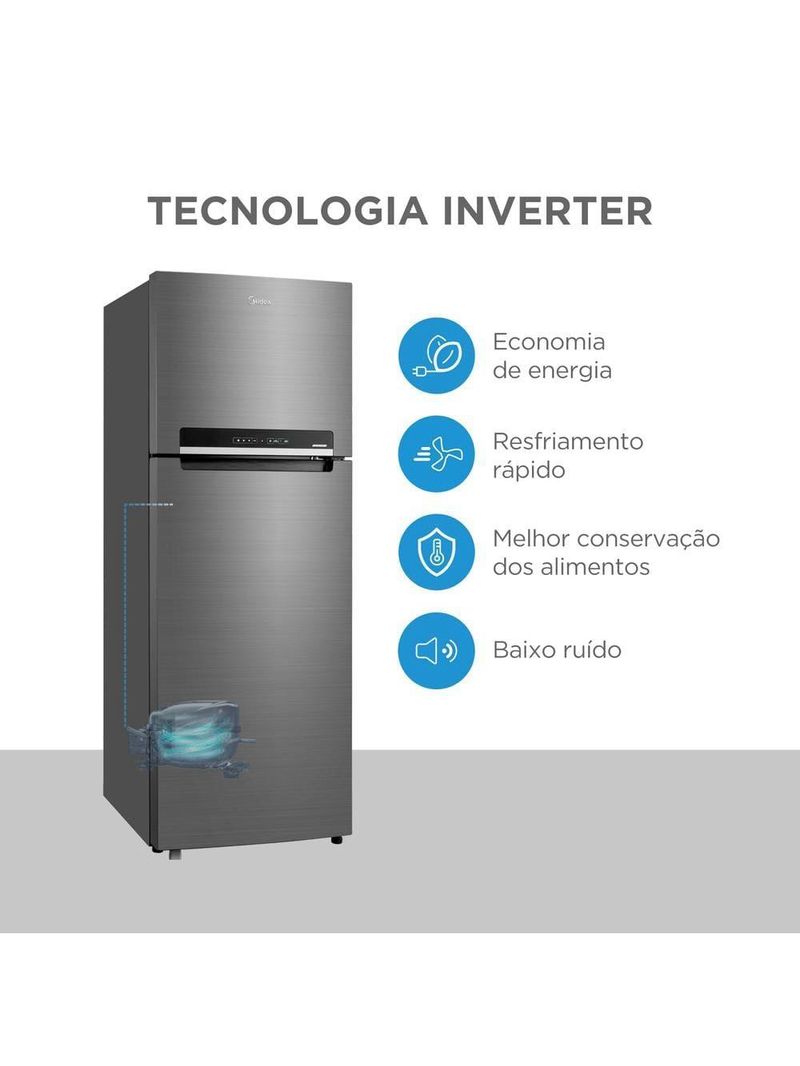 Geladeira midea frost free duplex 394l inverter inox