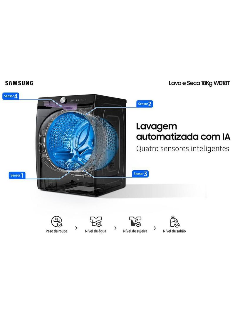 Lava e seca samsung smart wd18t com ai wash, digital inverter e ecobubble black inox - 18/10 kg