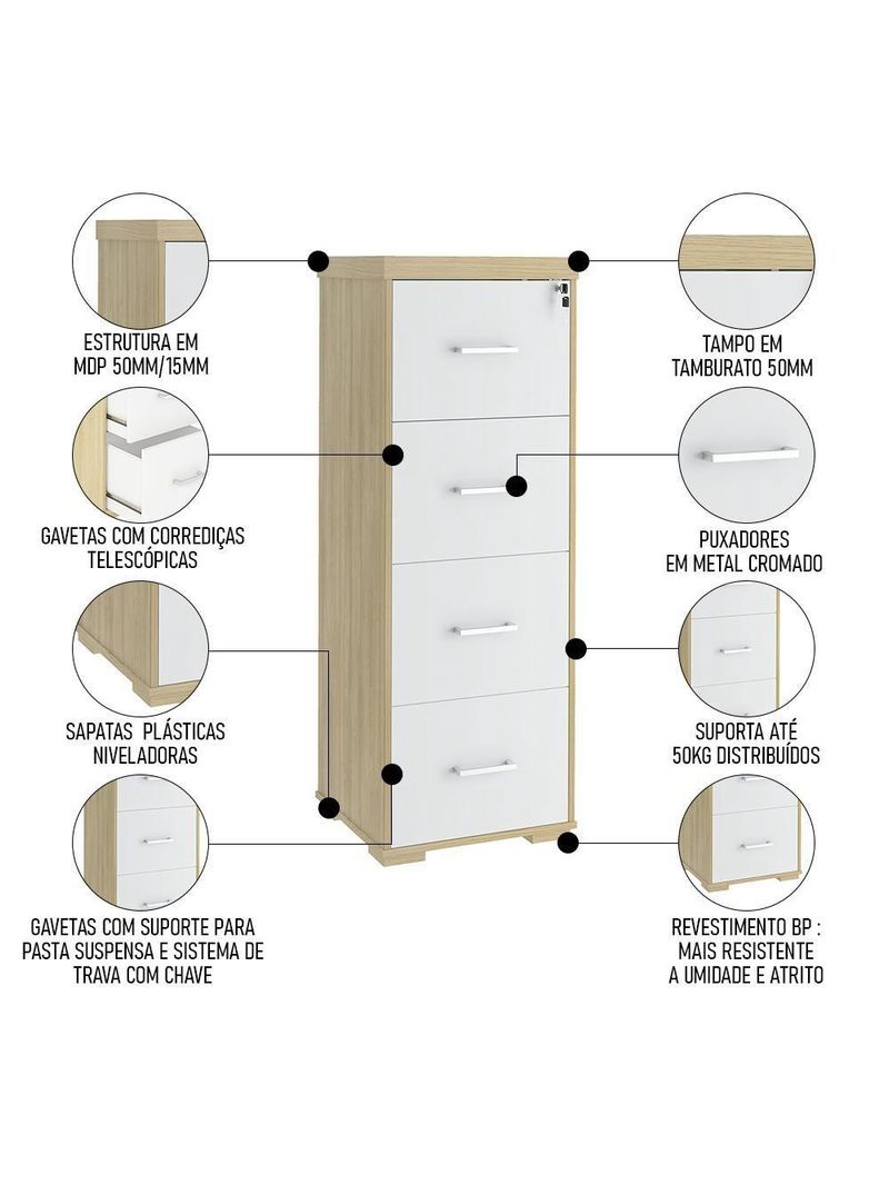 Armário Arquivo Pasta Suspensa 4 Gavetas Corp A06 Carvalho-branco - Mpozenato