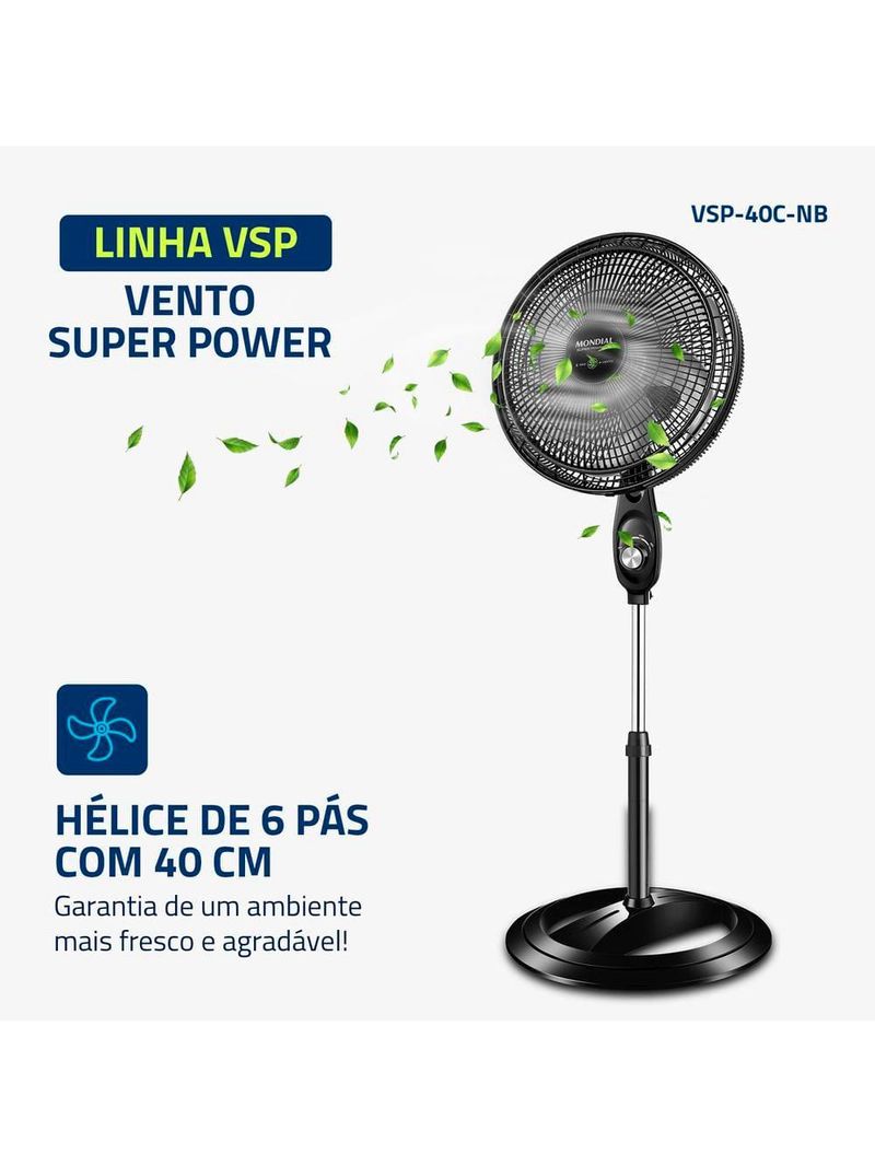 Ventilador de coluna 40cm mondial super power vsp40c 6 pás 3 velocidades preto/prata