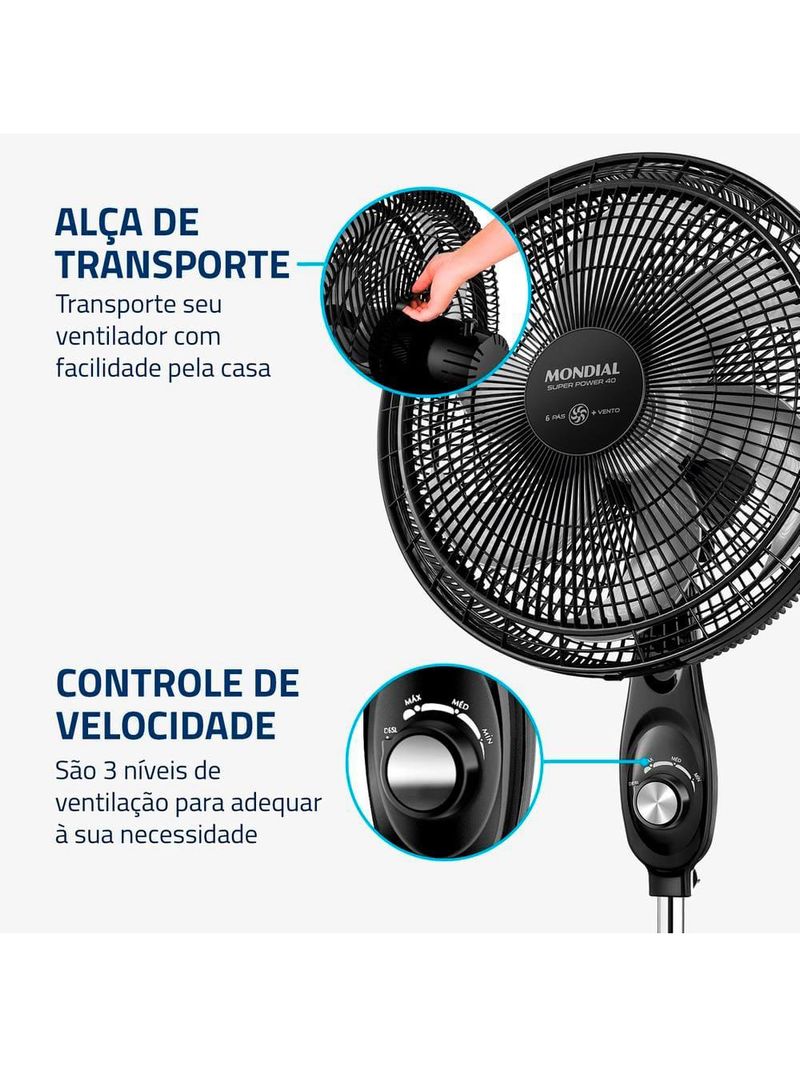 Ventilador de coluna 40cm mondial super power vsp40c 6 pás 3 velocidades preto/prata
