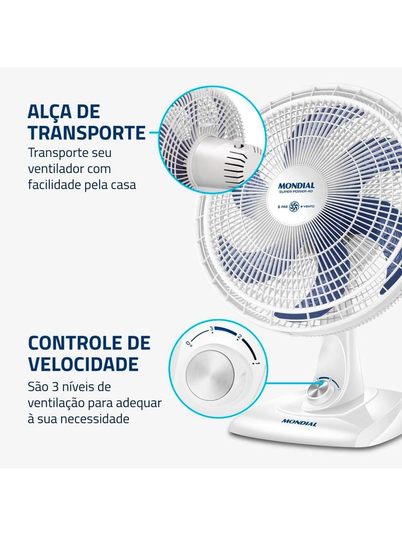 Ventilador de mesa 40cm mondial super power vsp40 w 6 pás 3 velocidades branco