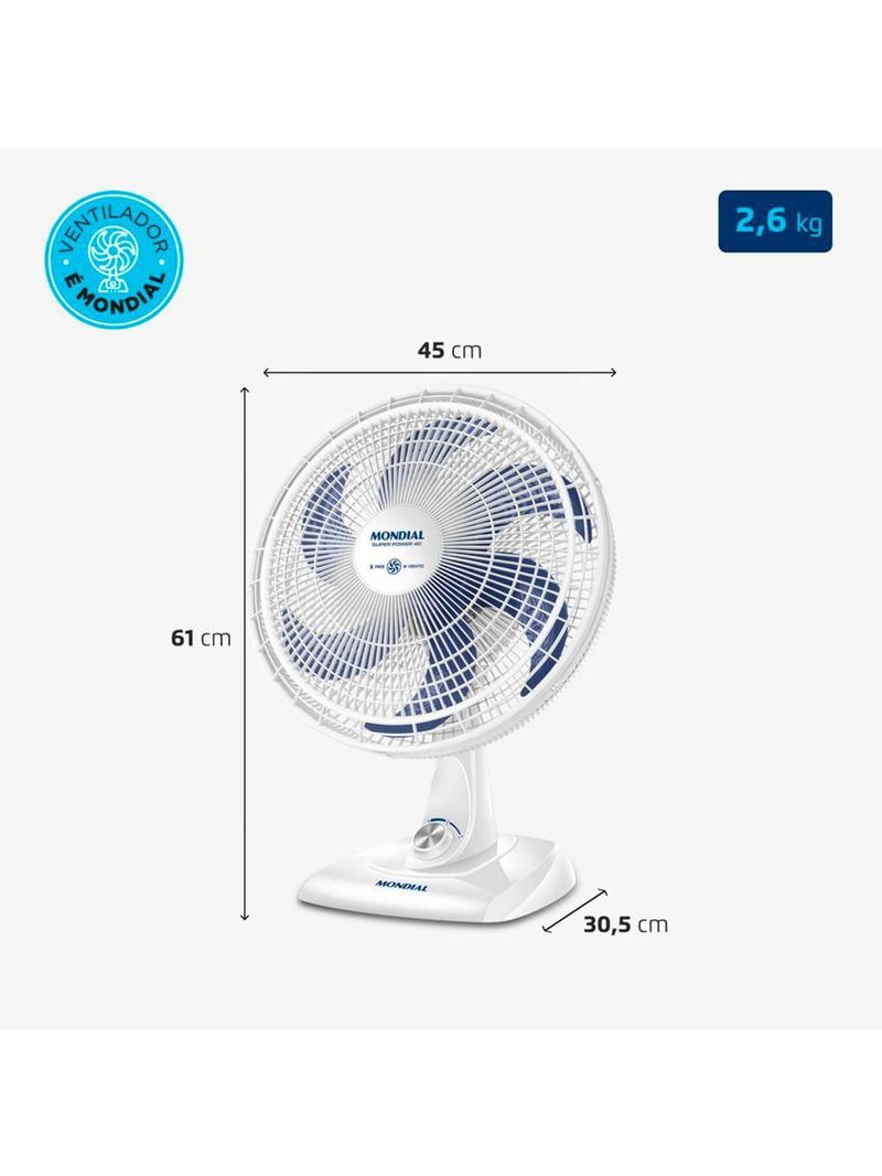 Ventilador de mesa 40cm mondial super power vsp40 w 6 pás 3 velocidades branco