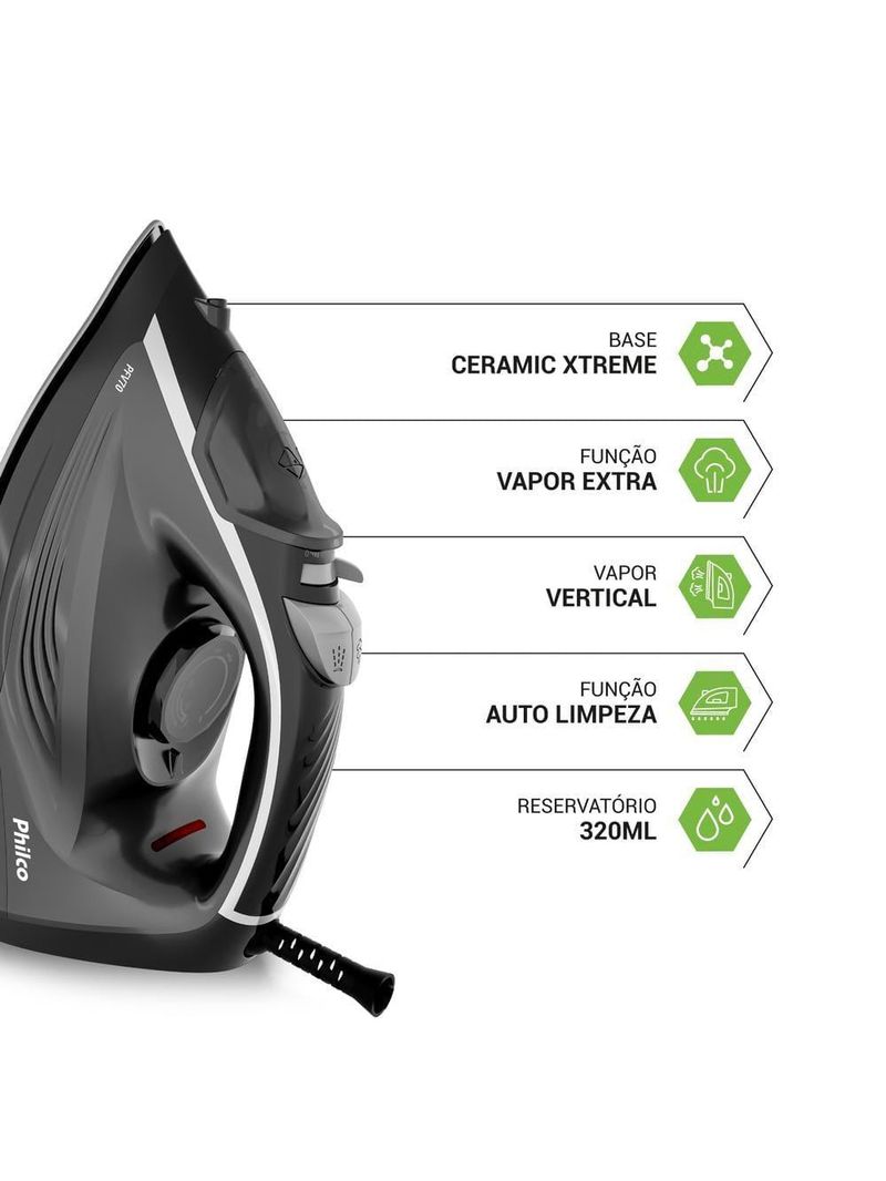 Ferro a vapor philco pfv70 base ceramic xtreme vapor vertical 92 saídas de vapor