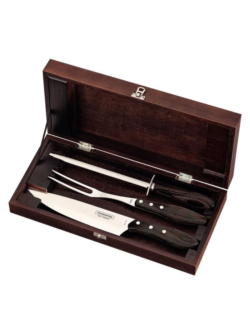 Kit churrasco tramontina inox castanho polywood estojo em madeira 4 peças