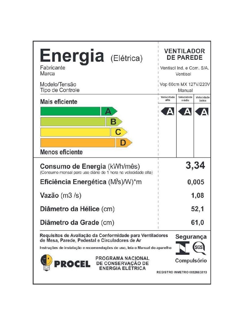 Ventilador de Parede Ventisol 60CM Preto Bivolt 543
