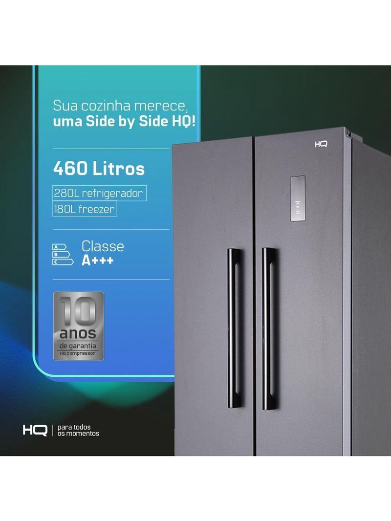 Geladeira Refrigerador HQ Frost Free Side By Side 460 Litros Cinza HQ-460SBSFF 220V