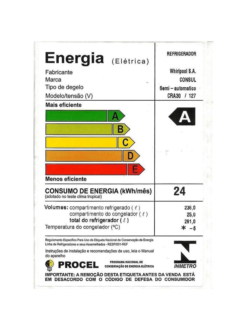 Geladeira Consul Cra30 Degelo Seco 261Lts 1 Porta Branca
