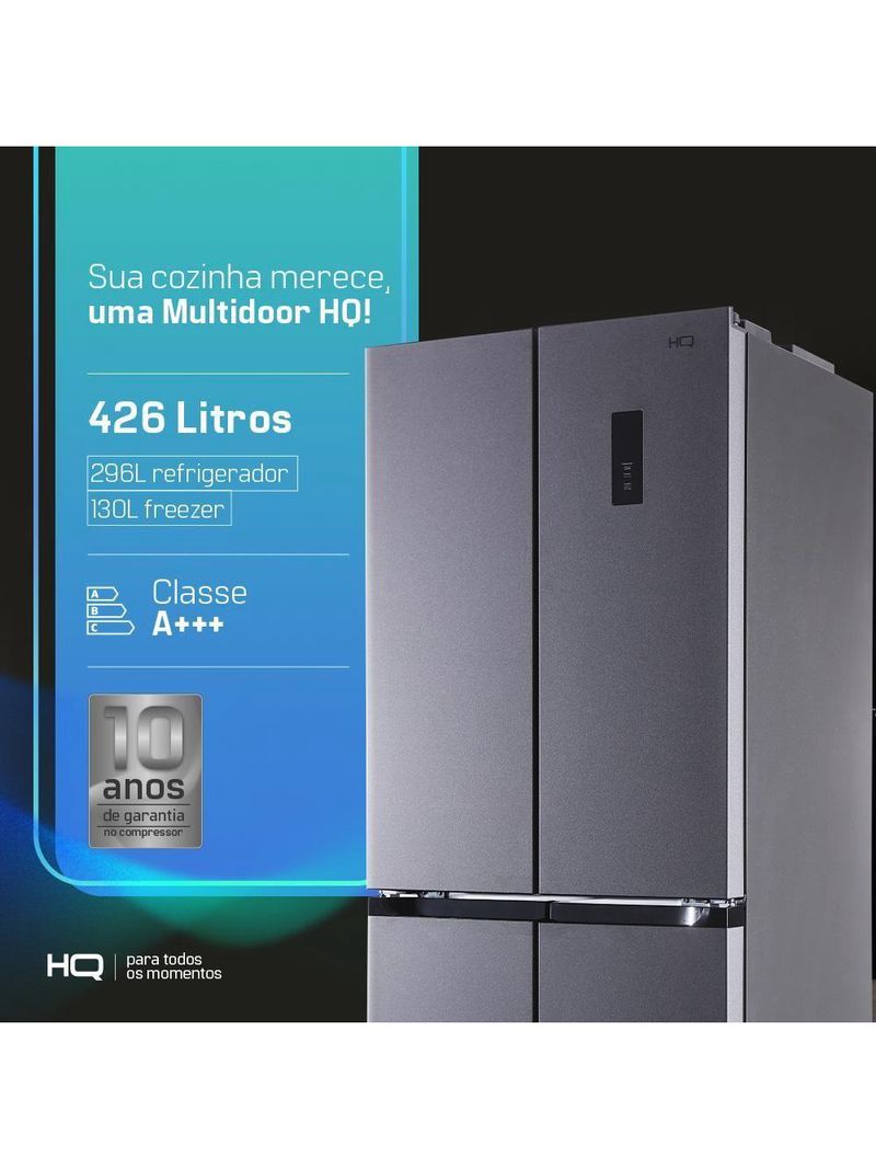 Geladeira Refrigerador HQ Frost Free Inverter Multidoor 426 Litros Cinza HQ-426MDFF 110V