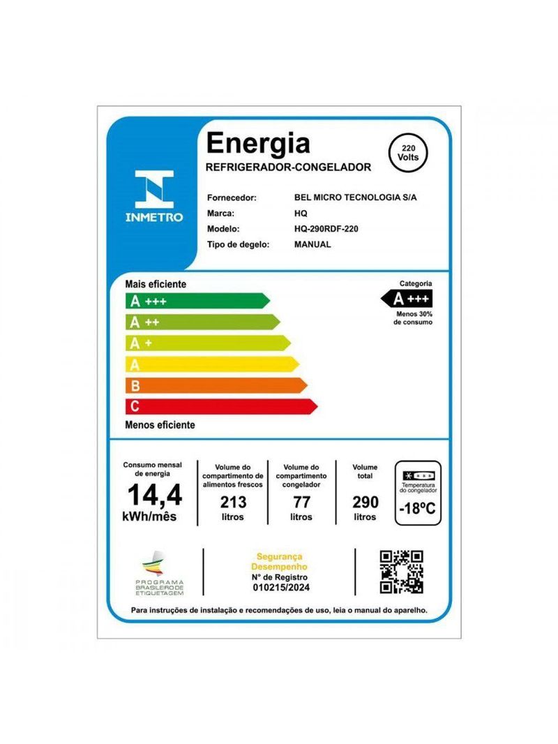 Geladeira HQ 290L Defrost A+++ HQ-290RDF Branco 110V