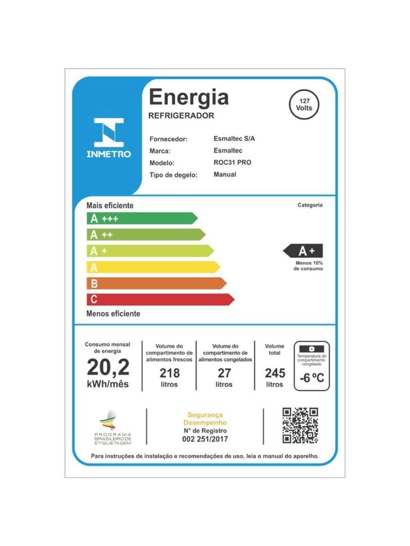 Geladeira Esmaltec 245 Litros Branco ROC31 Pro 110V