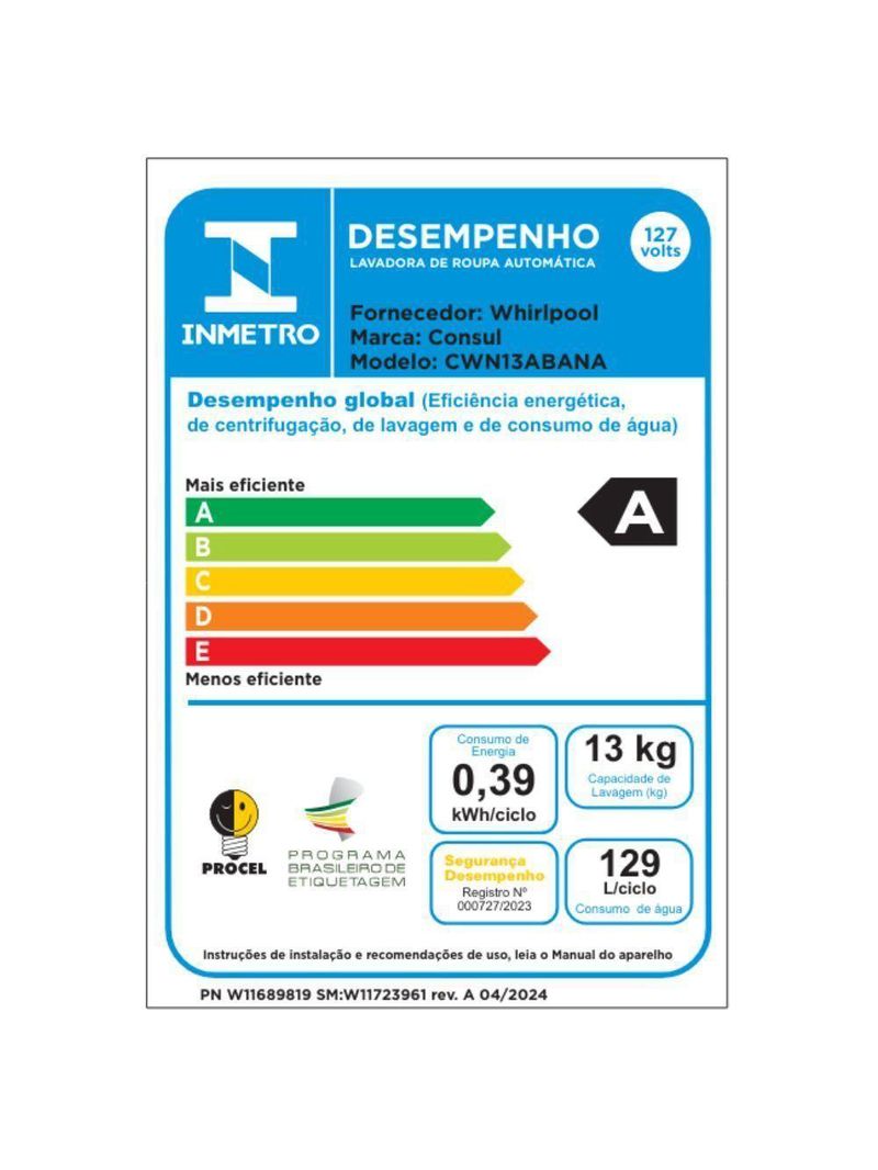 Lavadora De Roupas Automática Consul 13kg CWN13AB Modo Eco Branca 110V