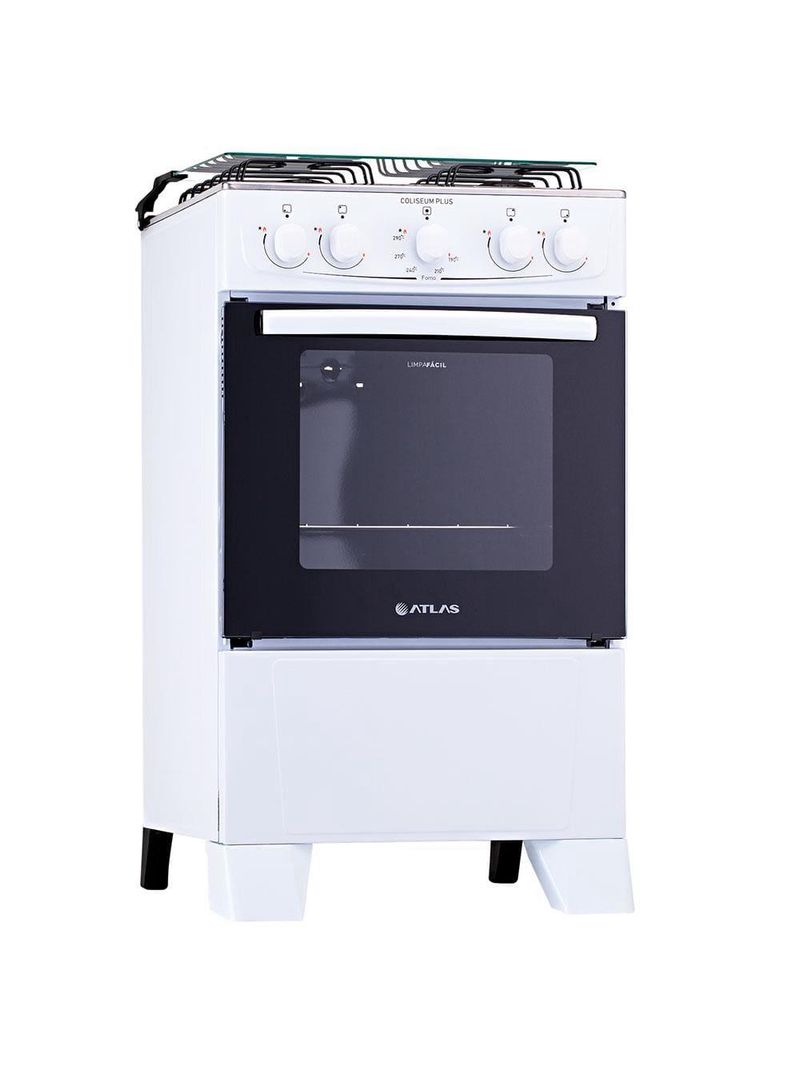 Fogão atlas 4 bocas coliseum plus com mesa de inox, forno com amplo visor e acendimento manual – branco