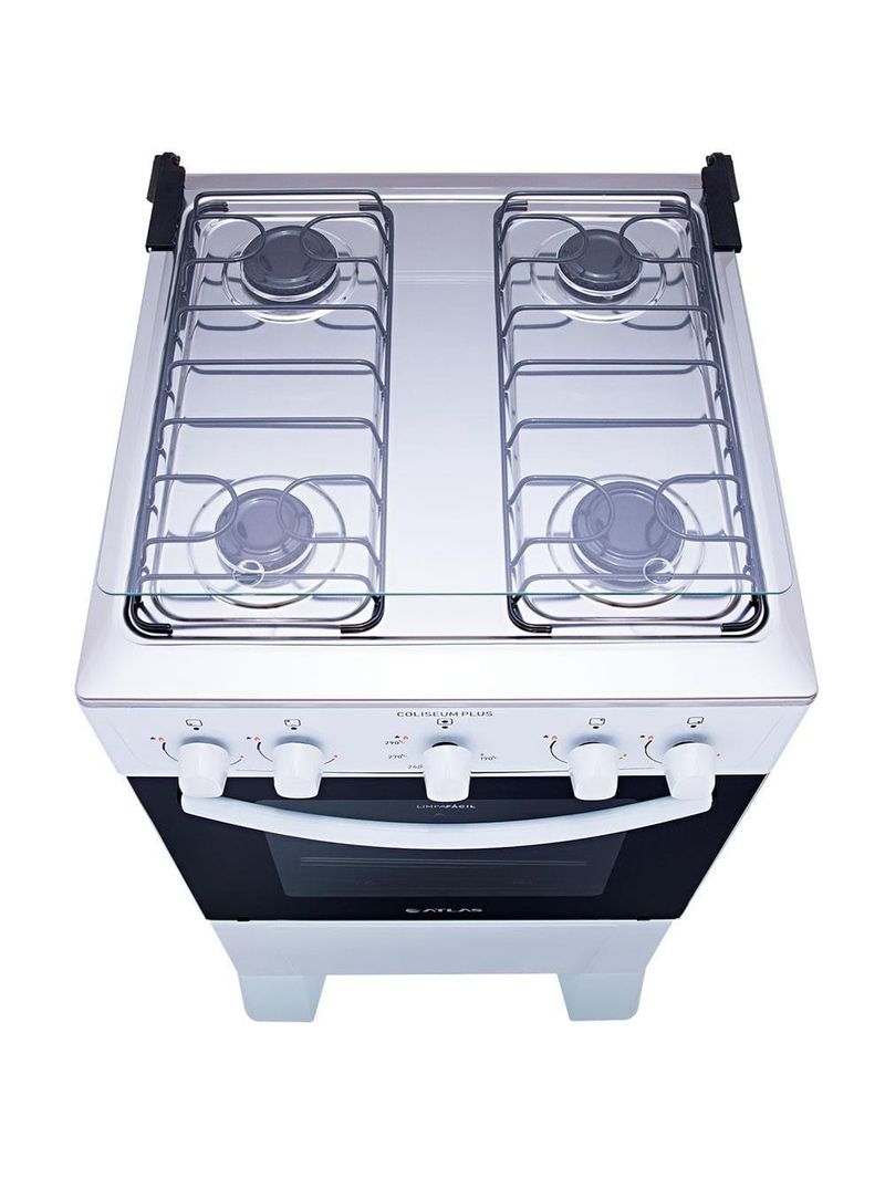 Fogão atlas 4 bocas coliseum plus com mesa de inox, forno com amplo visor e acendimento manual – branco