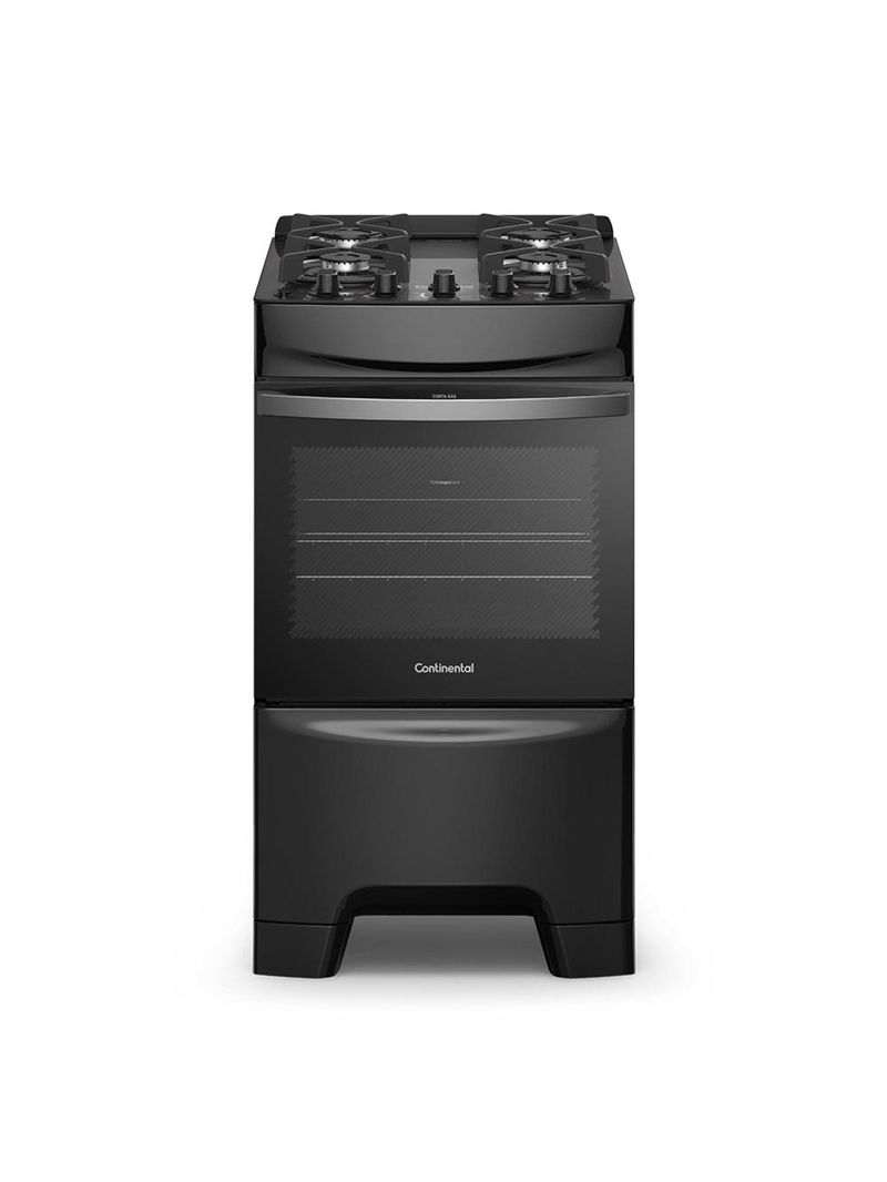 Fogão continental 4 bocas fc4gb preto mesa de vidro forno eco turbo grades de ferro fundido bivolt