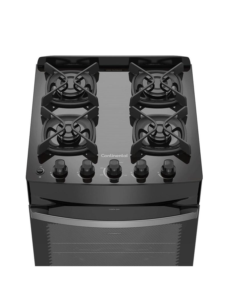 Fogão continental 4 bocas fc4gb preto mesa de vidro forno eco turbo grades de ferro fundido bivolt