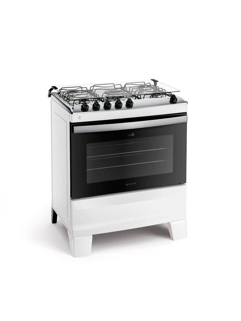 Fogão atlas 5 bocas agile up com mesa de inox, grade dupla no forno e acendimento automático bivolt – branco