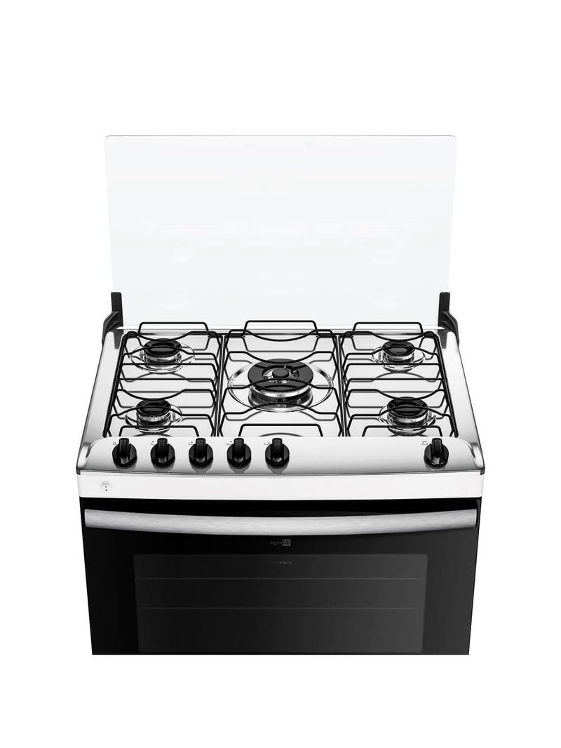 Fogão atlas 5 bocas agile up com mesa de inox, grade dupla no forno e acendimento automático bivolt – branco