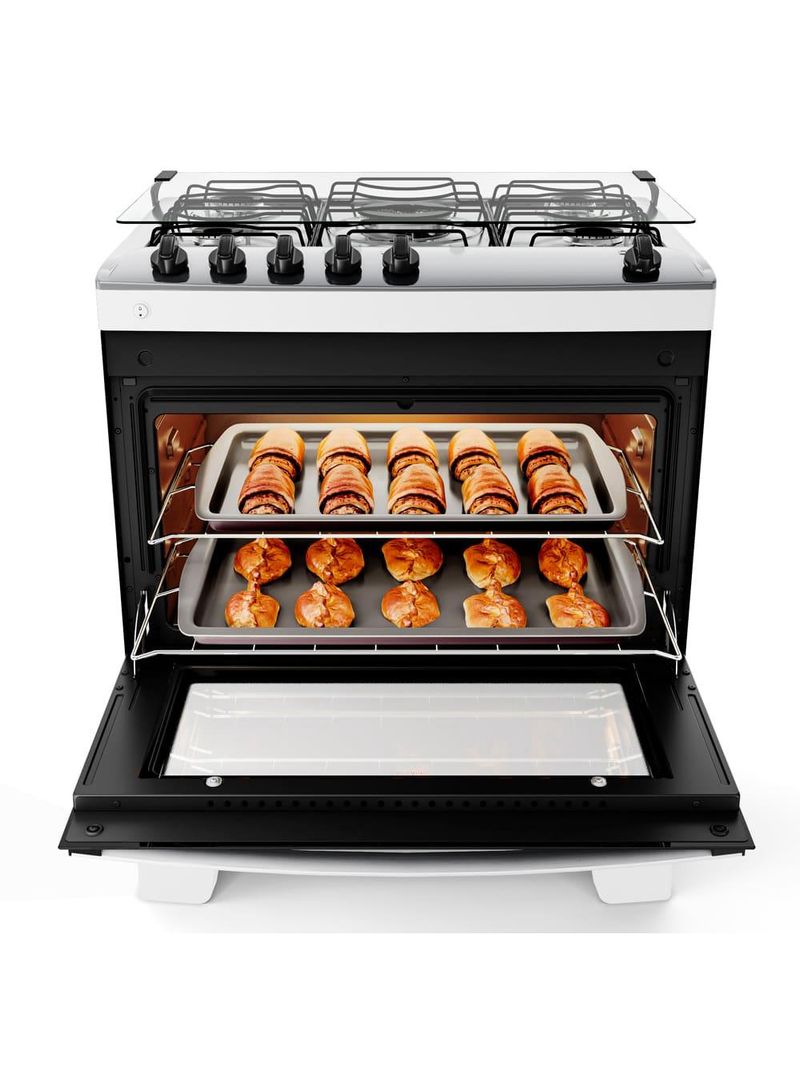Fogão atlas 5 bocas agile up com mesa de inox, grade dupla no forno e acendimento automático bivolt – branco