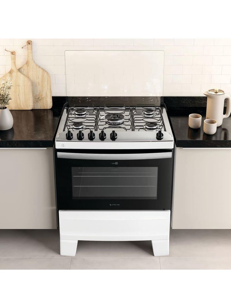 Fogão atlas 5 bocas agile up com mesa de inox, grade dupla no forno e acendimento automático bivolt – branco