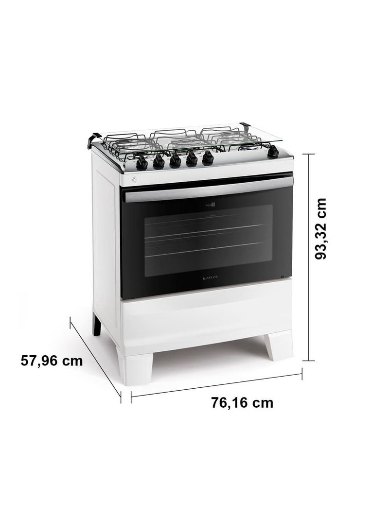 Fogão atlas 5 bocas agile up com mesa de inox, grade dupla no forno e acendimento automático bivolt – branco