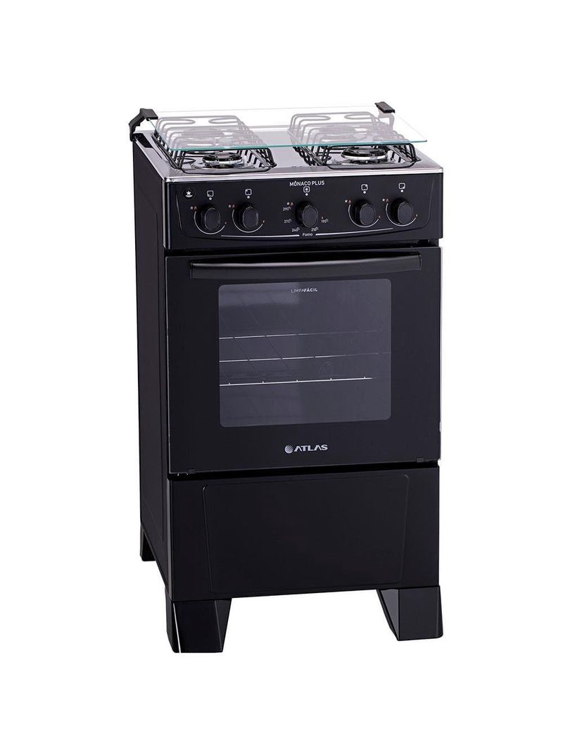 Fogão atlas 4 bocas mônaco plus com mesa de inox e acendimento automático bivolt – preto