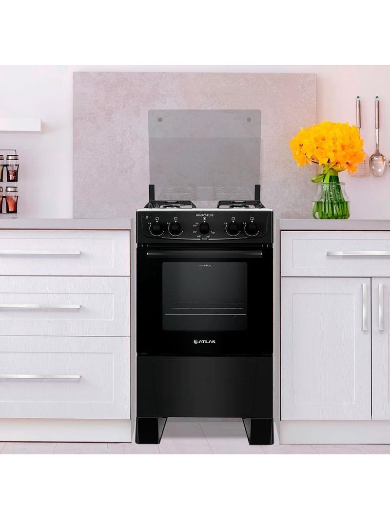 Fogão atlas 4 bocas mônaco plus com mesa de inox e acendimento automático bivolt – preto