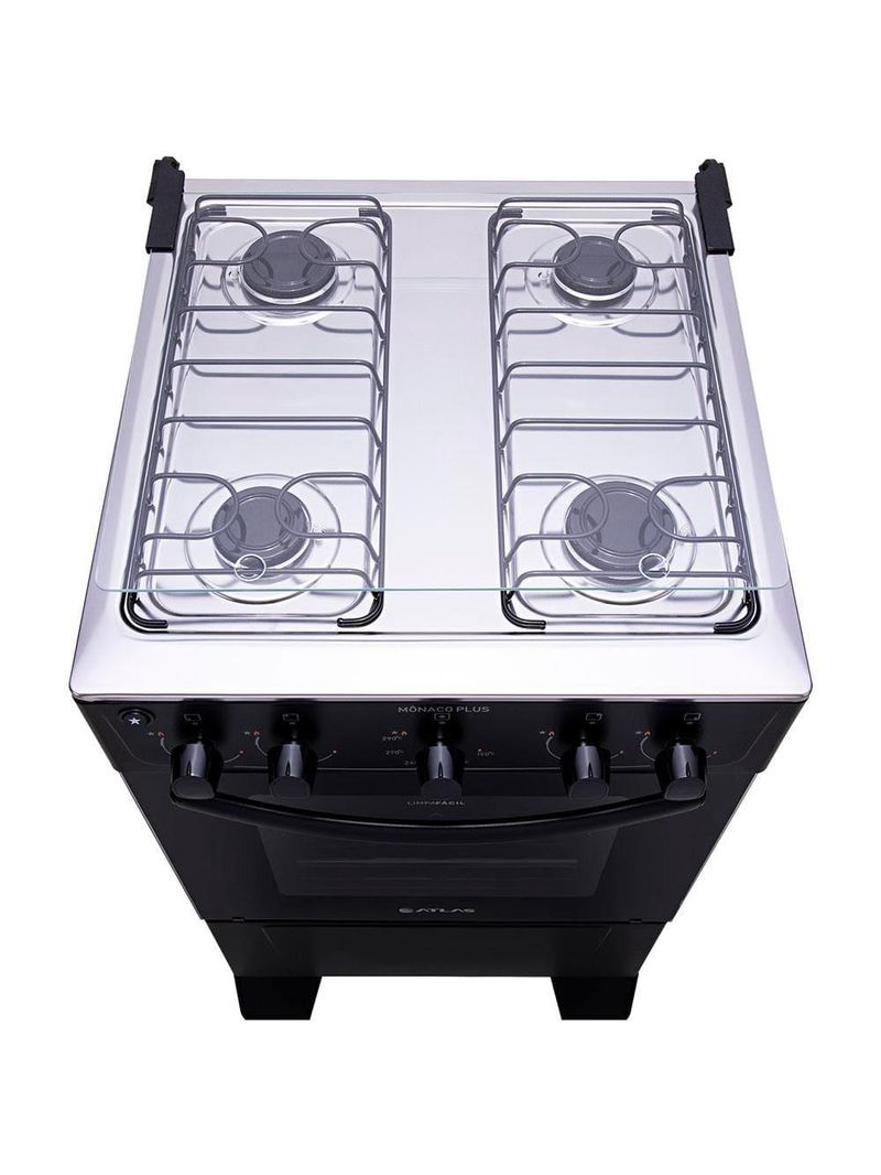 Fogão atlas 4 bocas mônaco plus com mesa de inox e acendimento automático bivolt – preto